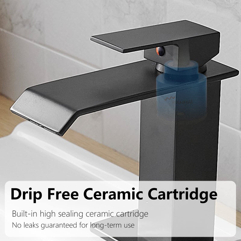 BATHLAVISH Matte Black Bathroom Faucet Waterfall Single Hole with Pop Up Drain with Overflow Matt Modern Single Handle Vanity Lavatory Sink 1 or 3 Hole Deck Mount - Image 5
